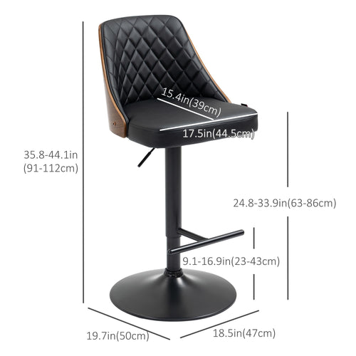 Modern Bar Stools PU Leather Set of 2 Swivel Bar Height Barstools Chairs with Adjustable Height, Round Heavy Metal Base and Footrest, Black