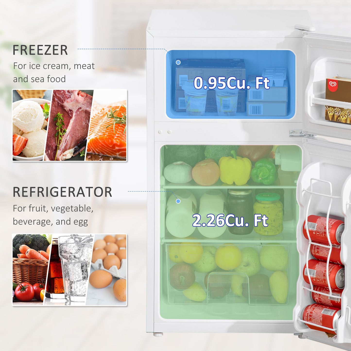 3.2 Cu Ft Compact Refrigerator, Mini Fridge with Freezer, Adjustable Shelves and Reversible Doors for Bedroom, White