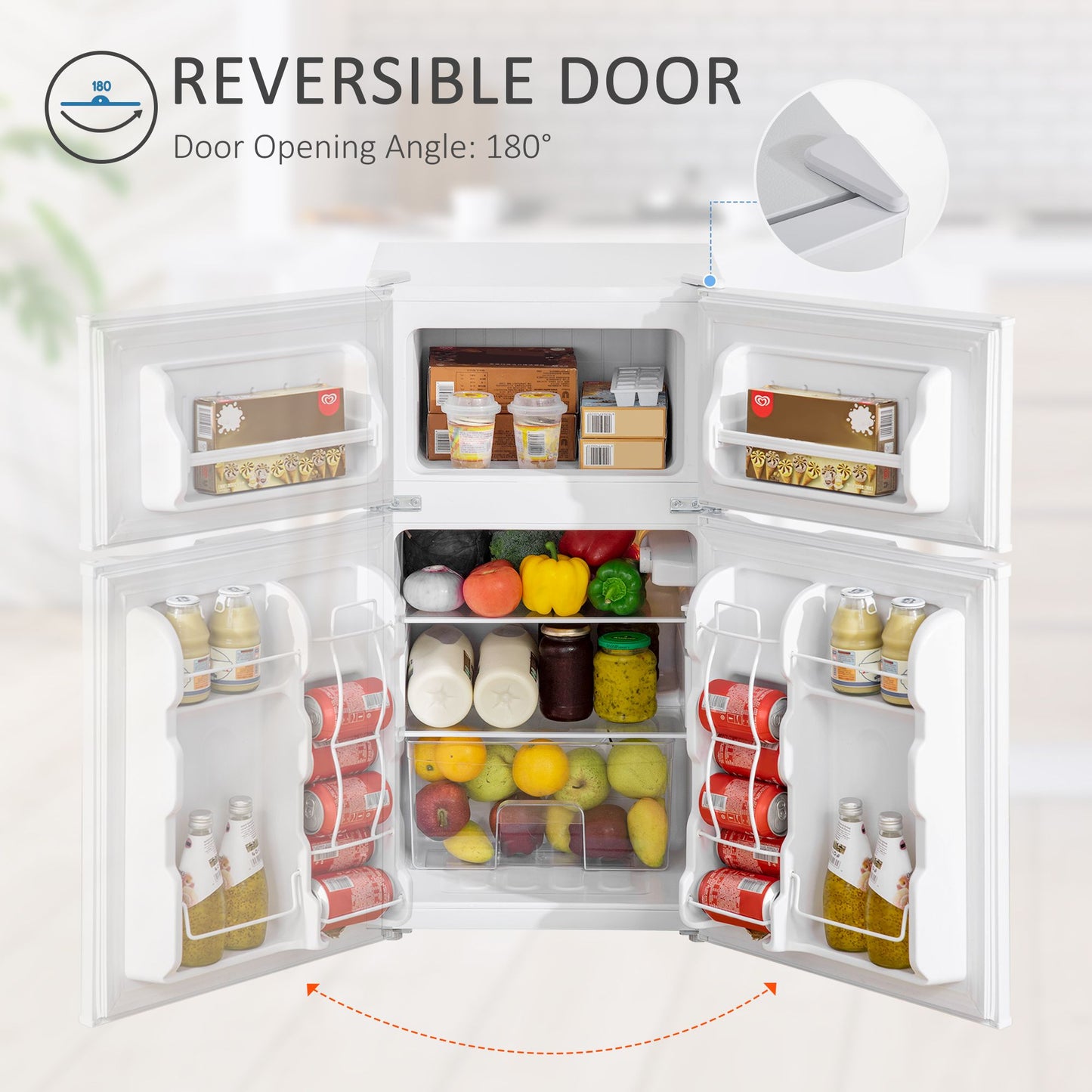 3.2 Cu Ft Compact Refrigerator, Mini Fridge with Freezer, Adjustable Shelves and Reversible Doors for Bedroom, White
