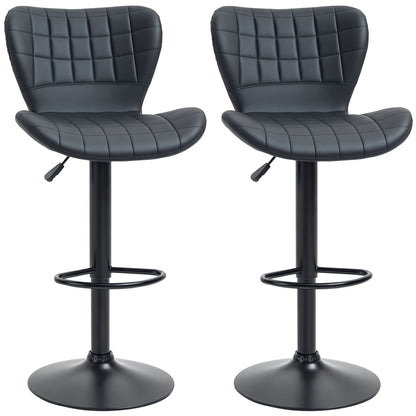 Bar Stools Set of 2, Adjustable Height Swivel Bar Chairs, PU Leather Upholstered Kitchen Counter Stools with Wide Seat, Back and Footrest, Black