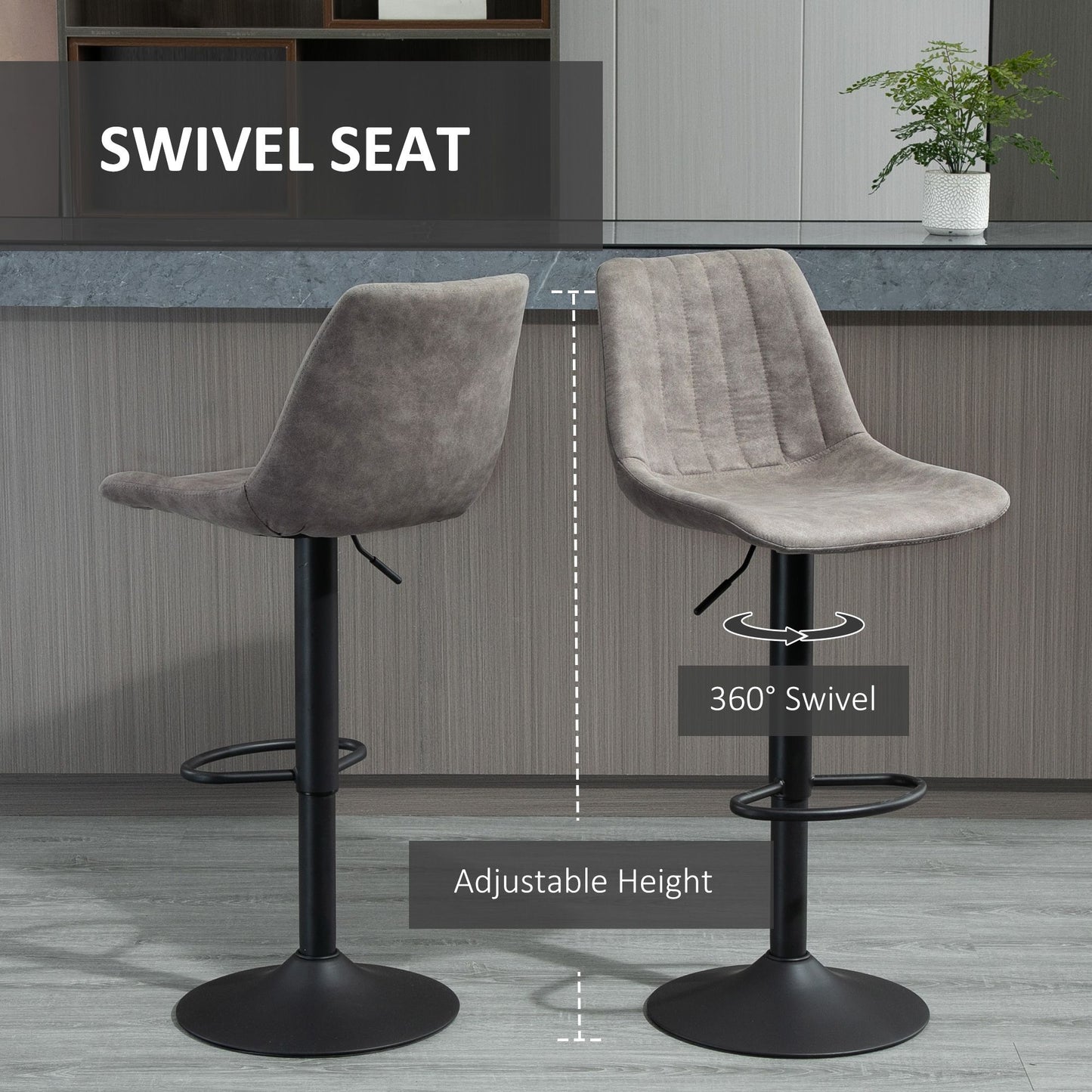 Adjustable Bar Stools Set of 2, Leathaire Swivel Barstools with Back and Footrest, Upholstered Bar Chairs for Kitchen, Dining Room, Home Pub, Grey