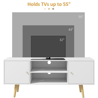 TV Stand Cabinet for TVs up to 55 Inches, Entertainment Unit with Storage Shelves and Wood Legs for Living Room, White