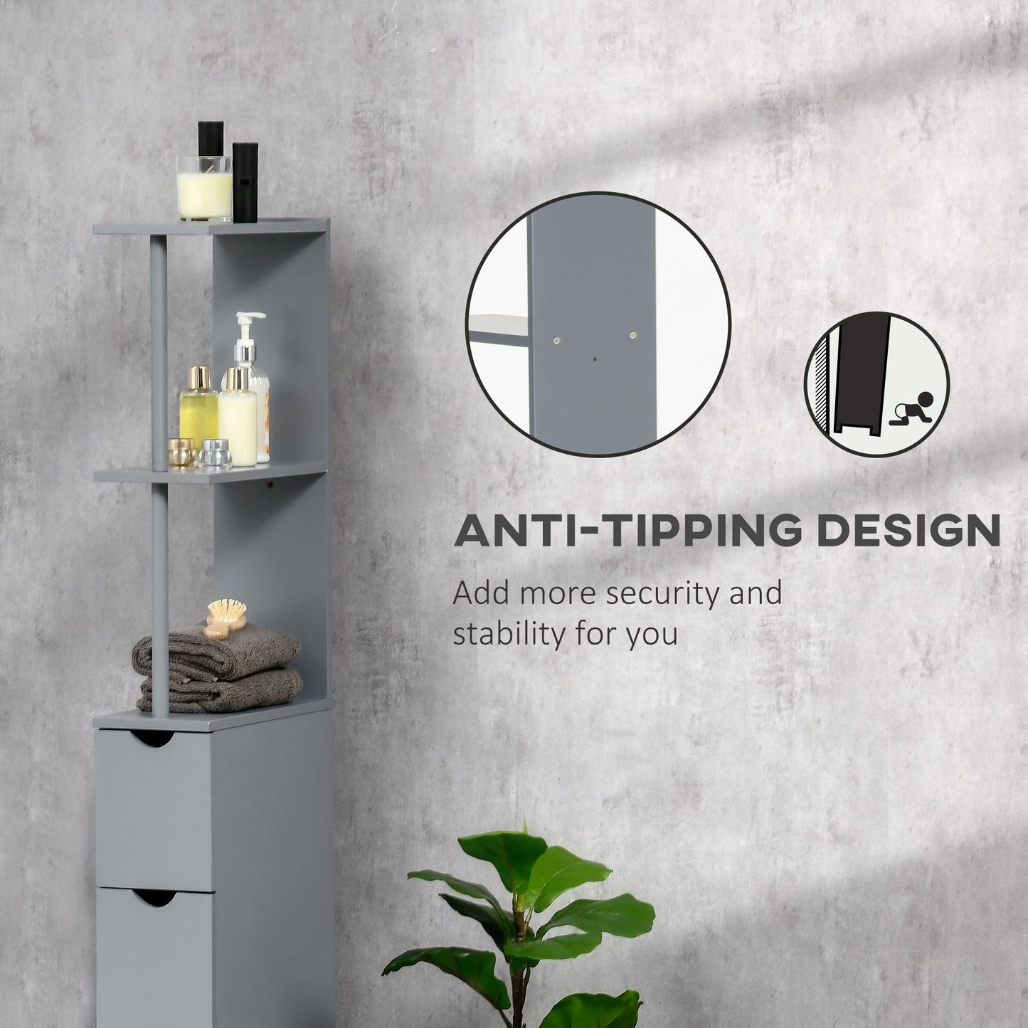 Tall Bathroom Storage Cabinet, Narrow Bathroom Cabinet with Drawers and Open Shelves for Small Spaces, Grey