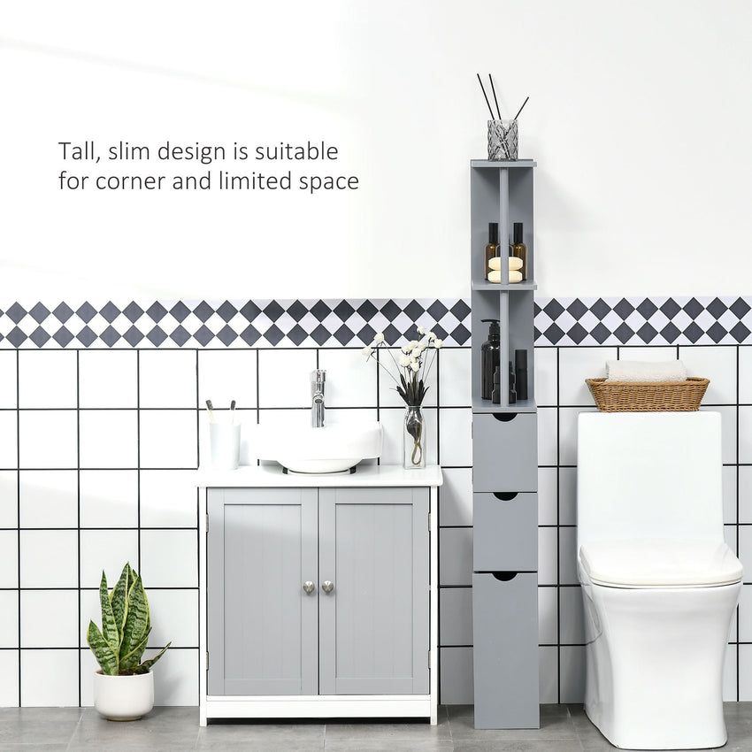 Tall Bathroom Storage Cabinet, Narrow Bathroom Cabinet with Drawers and Open Shelves for Small Spaces, Grey