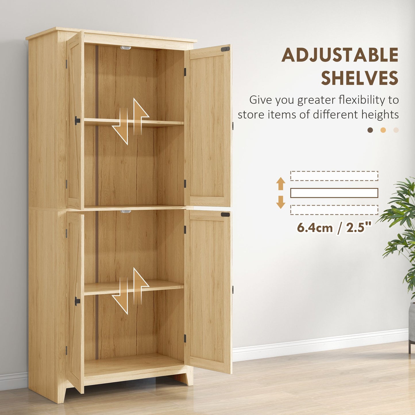 72" Freestanding Storage Cabinet, Kitchen Pantry Cabinet with Doors and Shelves for Dining Room, Natural