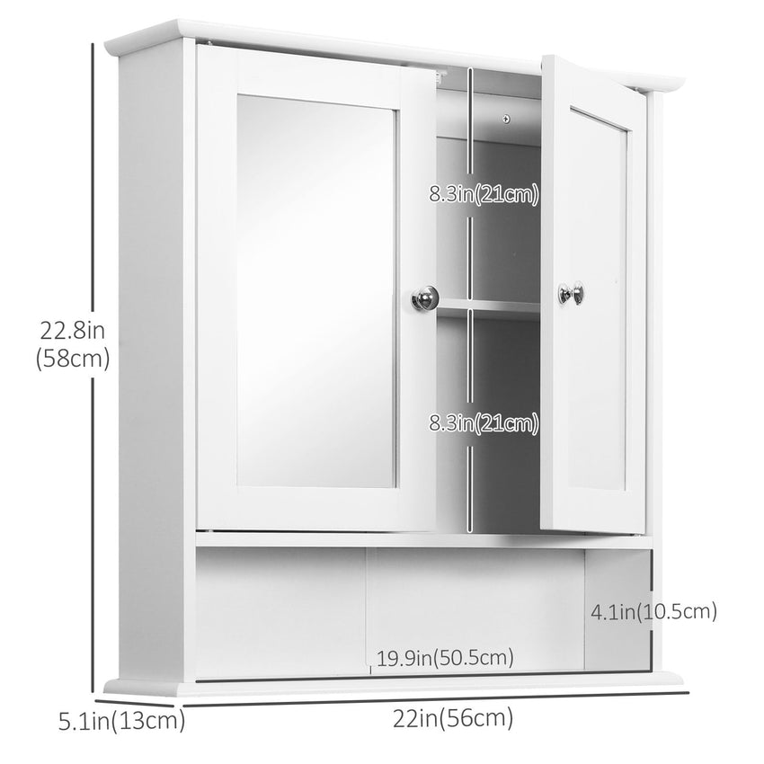 Medicine Cabinet, Wall-Mounted Bathroom Mirror Cabinet with Double Doors, Open Shelf, and Adjustable Shelf, Modern Bathroom Wall Cabinet, White