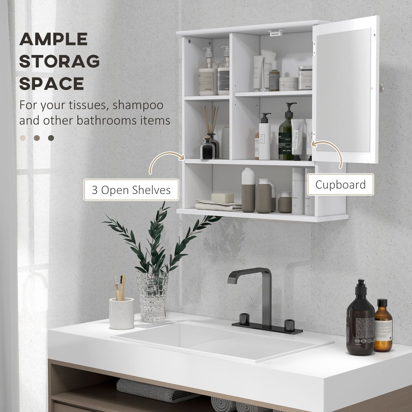 Wall-Mounted Medicine Cabinet, Bathroom Mirror Cabinet with Doors and Storage Shelves, White