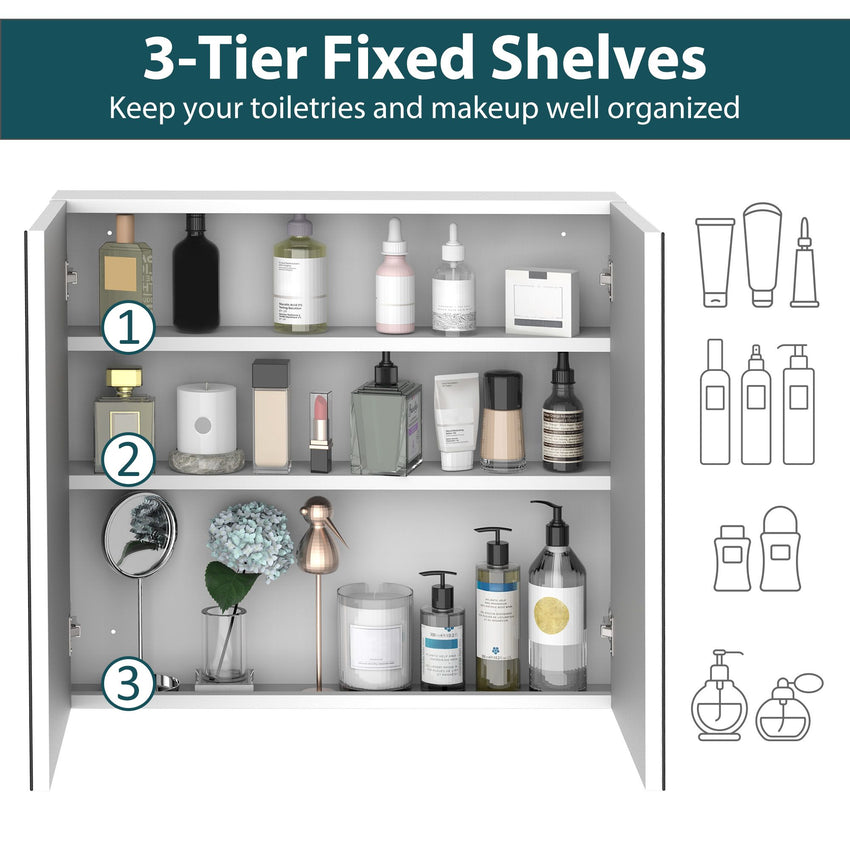 Wall Mounted Mirror Cabinet, Bathroom Medicine Cabinet with Mirror, 2 Doors and 3-tier Shelving, White