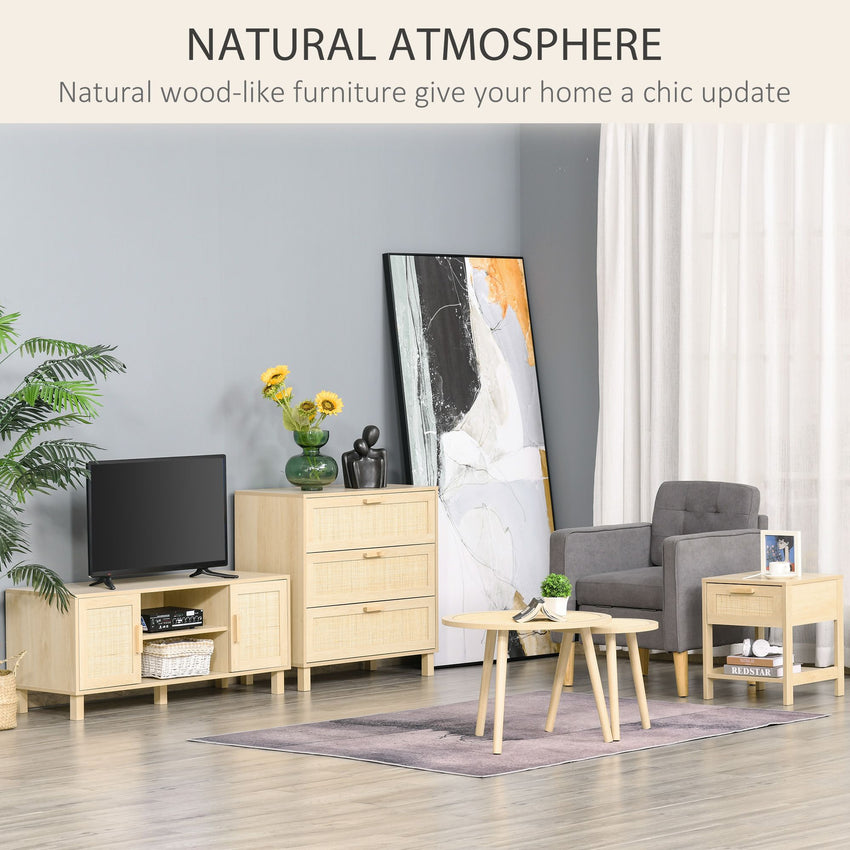 Narrow Nightstand with Rattan Elements, Bedside Table with Drawer and Storage Shelf for Bedroom, Natural