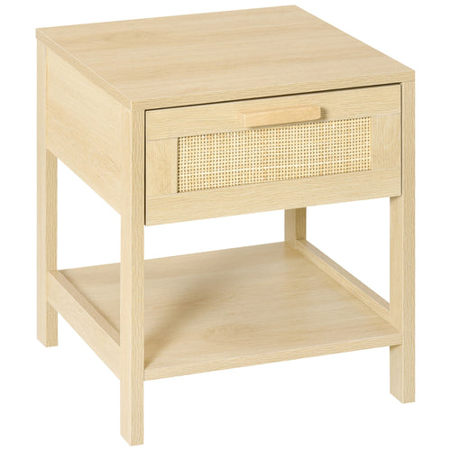 Narrow Nightstand with Rattan Elements, Bedside Table with Drawer and Storage Shelf for Bedroom, Natural