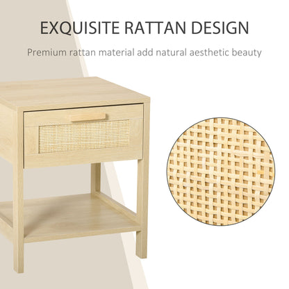 Narrow Nightstand with Rattan Elements, Bedside Table with Drawer and Storage Shelf for Bedroom, Natural