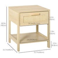 Narrow Nightstand with Rattan Elements, Bedside Table with Drawer and Storage Shelf for Bedroom, Natural