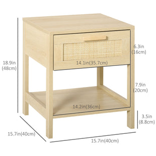 Narrow Nightstand with Rattan Elements, Bedside Table with Drawer and Storage Shelf for Bedroom, Natural