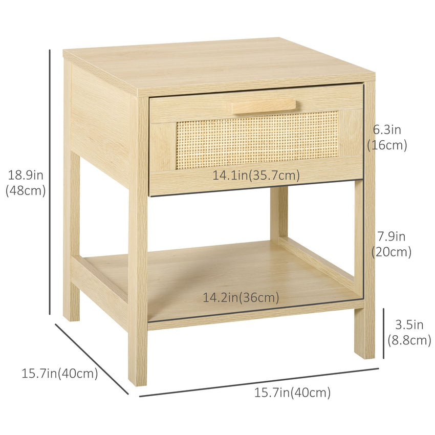 Narrow Nightstand with Rattan Elements, Bedside Table with Drawer and Storage Shelf for Bedroom, Natural