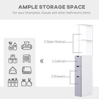 Tall Bathroom Storage Cabinet, Narrow Bathroom Cabinet with Drawers and Open Shelves for Small Spaces, White and Grey