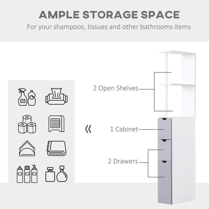 Tall Bathroom Storage Cabinet, Narrow Bathroom Cabinet with Drawers and Open Shelves for Small Spaces, White and Grey