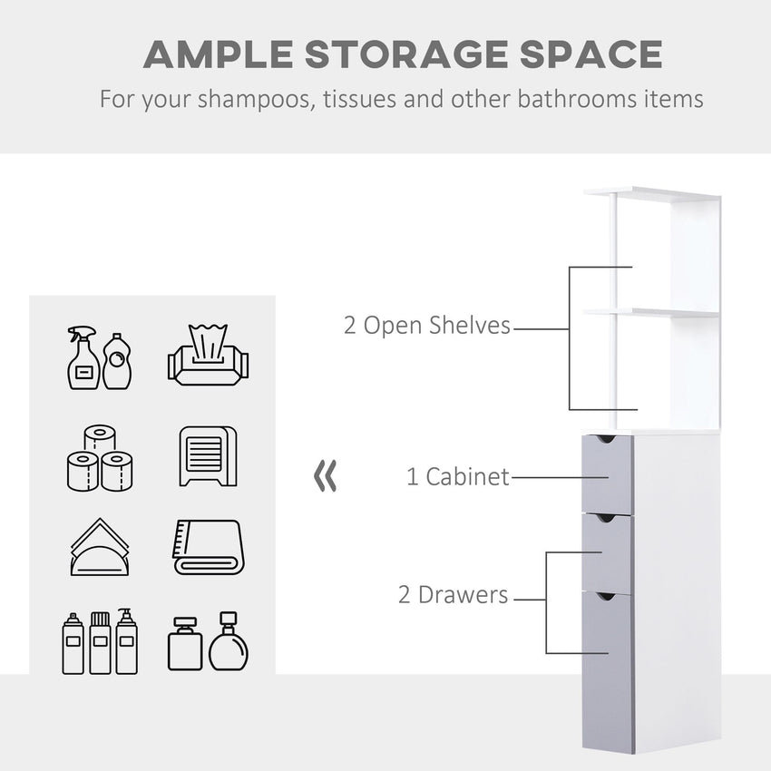Tall Bathroom Storage Cabinet, Narrow Bathroom Cabinet with Drawers and Open Shelves for Small Spaces, White and Grey