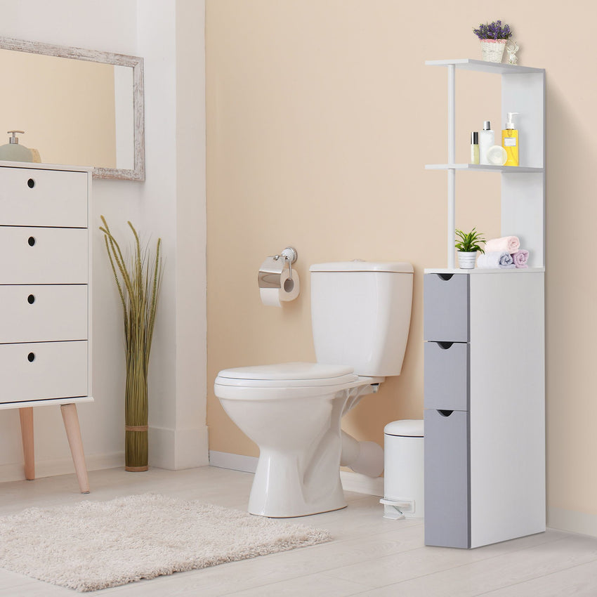 Tall Bathroom Storage Cabinet, Narrow Bathroom Cabinet with Drawers and Open Shelves for Small Spaces, White and Grey