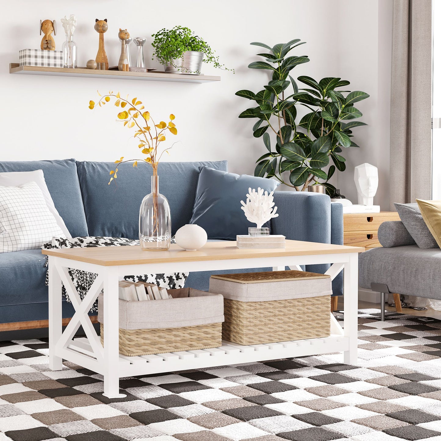 Farmhouse Coffee Table with Slatted Bottom Shelf, Center Table with X Bar Frame for Living Room, White, Natural