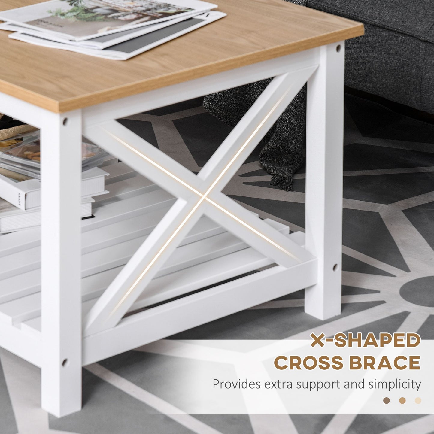 Farmhouse Coffee Table with Slatted Bottom Shelf, Center Table with X Bar Frame for Living Room, White, Natural