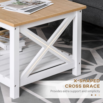 Farmhouse Coffee Table with Slatted Bottom Shelf, Center Table with X Bar Frame for Living Room, White, Natural