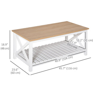 Farmhouse Coffee Table with Slatted Bottom Shelf, Center Table with X Bar Frame for Living Room, White, Natural
