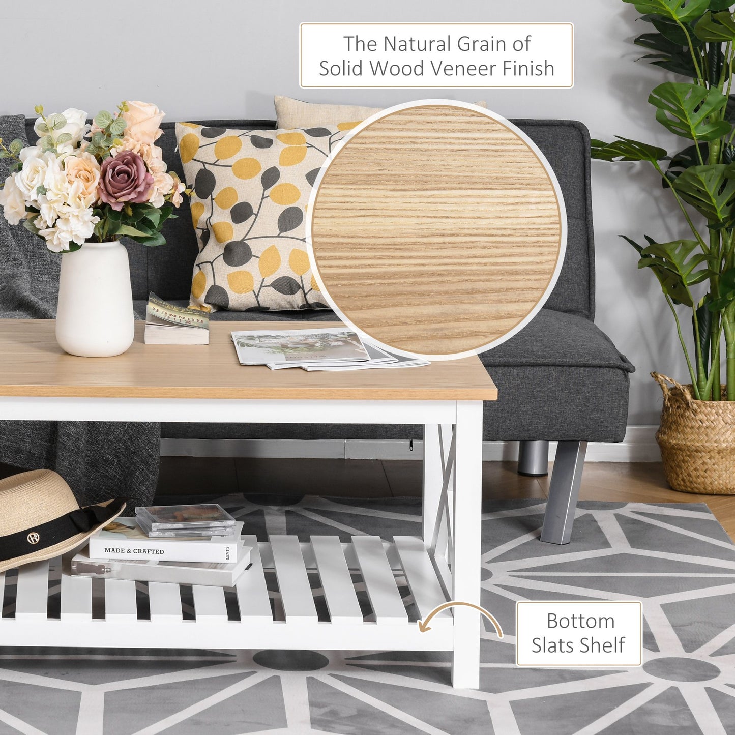 Farmhouse Coffee Table with Slatted Bottom Shelf, Center Table with X Bar Frame for Living Room, White, Natural