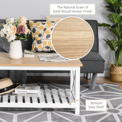 Farmhouse Coffee Table with Slatted Bottom Shelf, Center Table with X Bar Frame for Living Room, White, Natural