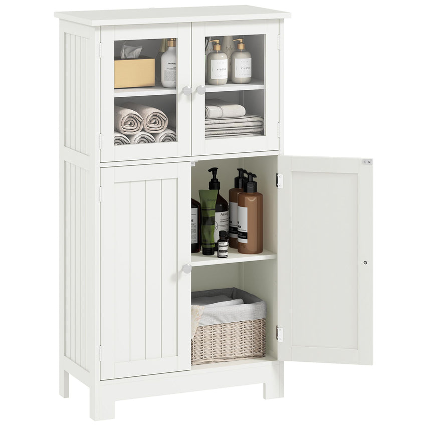 Bathroom Floor Storage Cabinet with Tempered Glass Doors and Adjustable Shelf, Kitchen Cupboard, Free Standing Organizer for Living Room Entryway, White