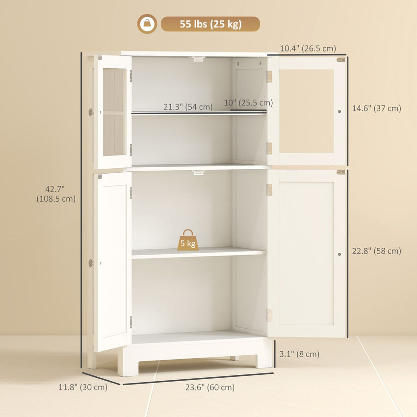 Bathroom Floor Storage Cabinet with Tempered Glass Doors and Adjustable Shelf, Kitchen Cupboard, Free Standing Organizer for Living Room Entryway, White