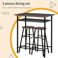 3 Piece Counter Height Bar Table Set with 1 Table, 2 Matching Stools, Dining Table Set with Storage Shelf and Metal Frame Footrest, Black and Oak