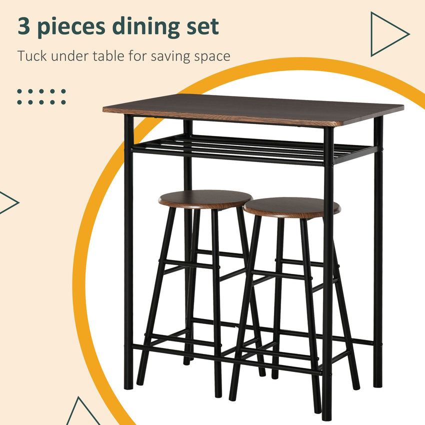 3 Piece Counter Height Bar Table Set with 1 Table, 2 Matching Stools, Dining Table Set with Storage Shelf and Metal Frame Footrest, Black and Oak
