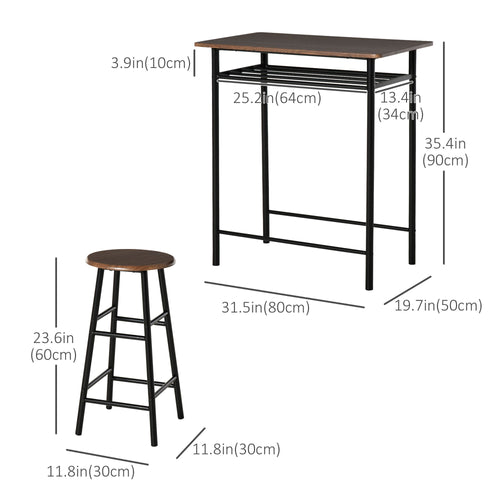 3 Piece Counter Height Bar Table Set with 1 Table, 2 Matching Stools, Dining Table Set with Storage Shelf and Metal Frame Footrest, Black and Oak