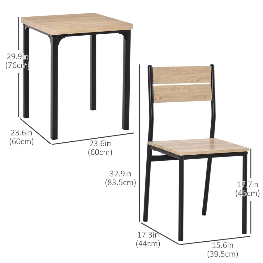 Dining Table Set for 2, 3 Piece Kitchen Table and Chairs with Metal Legs for Small Spaces, Natural Wood