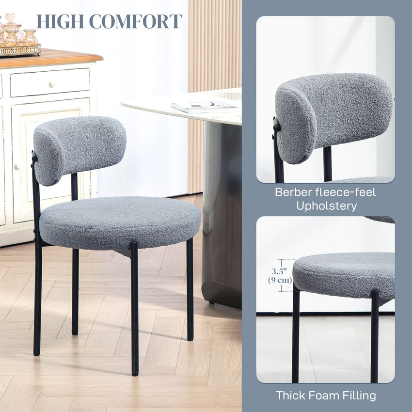2 Pieces Kitchen Chairs, Modern Dining Chairs w/ Berber Fleece Upholstery and Steel Legs for Living Room, Grey