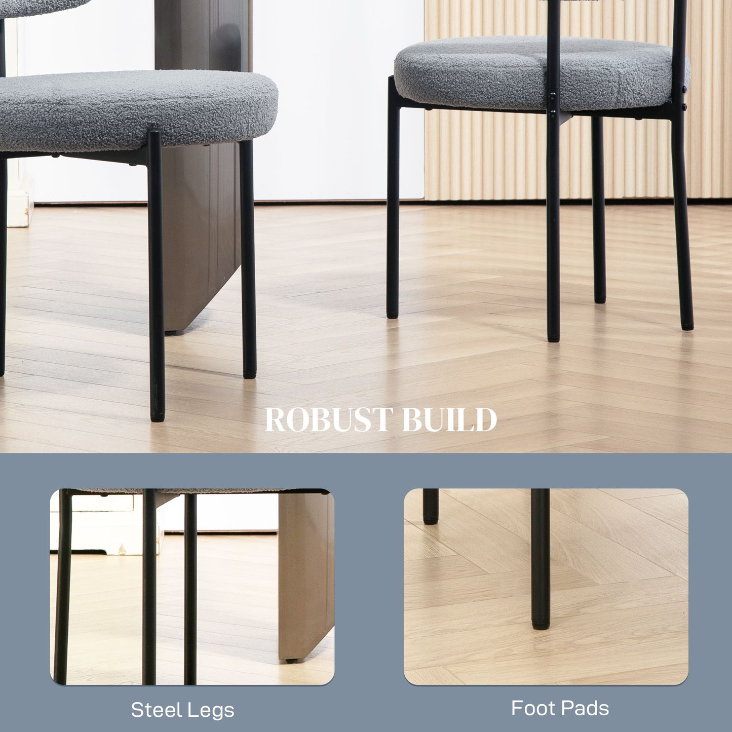 2 Pieces Kitchen Chairs, Modern Dining Chairs w/ Berber Fleece Upholstery and Steel Legs for Living Room, Grey