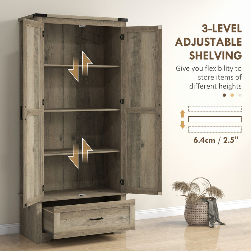 69" Tall Farmhouse Kitchen Pantry Cabinet with 2 Doors, Drawer and Adjustable Shelves, Grey