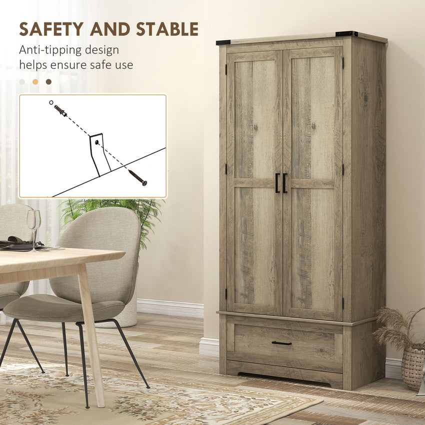 69" Tall Farmhouse Kitchen Pantry Cabinet with 2 Doors, Drawer and Adjustable Shelves, Grey