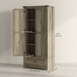69" Tall Farmhouse Kitchen Pantry Cabinet with 2 Doors, Drawer and Adjustable Shelves, Grey