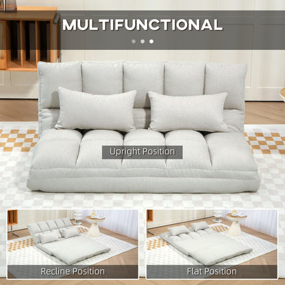 Convertible Floor Sofa, Foldable 2-Seater Lazy Sofa Sleeper with 9-position Backrest and 2 Pillows Cream White