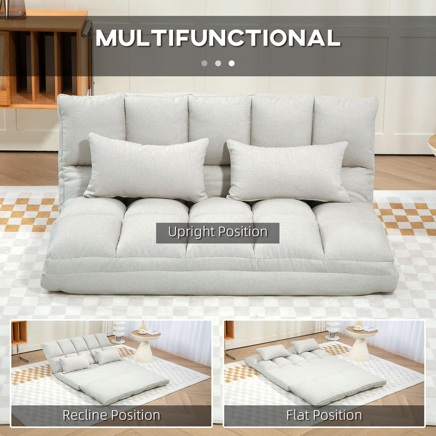 Convertible Floor Sofa, Foldable 2-Seater Lazy Sofa Sleeper with 9-position Backrest and 2 Pillows Cream White