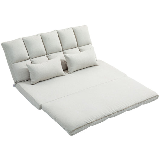 Convertible Floor Sofa, Foldable 2-Seater Lazy Sofa Sleeper with 9-position Backrest and 2 Pillows Cream White