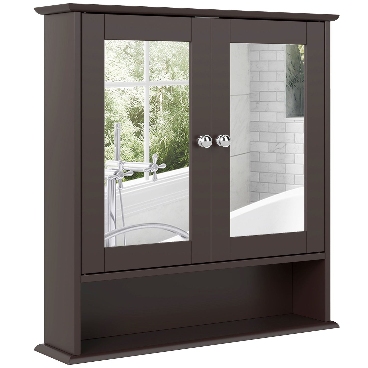 Medicine Cabinet, Wall-Mounted Bathroom Mirror Cabinet with Double Doors, Open Shelf, and Adjustable Shelf, Modern Bathroom Wall Cabinet, Dark Brown