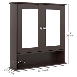 Medicine Cabinet, Wall-Mounted Bathroom Mirror Cabinet with Double Doors, Open Shelf, and Adjustable Shelf, Modern Bathroom Wall Cabinet, Dark Brown