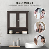 Medicine Cabinet, Wall-Mounted Bathroom Mirror Cabinet with Double Doors, Open Shelf, and Adjustable Shelf, Modern Bathroom Wall Cabinet, Dark Brown