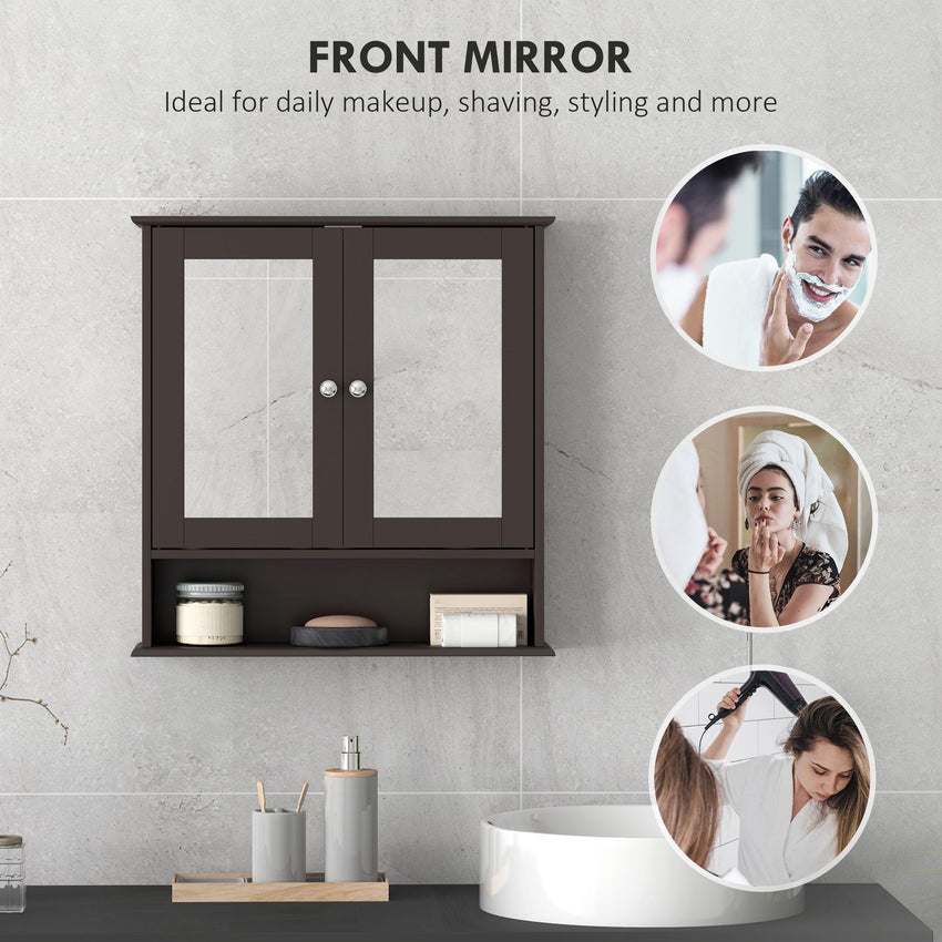 Medicine Cabinet, Wall-Mounted Bathroom Mirror Cabinet with Double Doors, Open Shelf, and Adjustable Shelf, Modern Bathroom Wall Cabinet, Dark Brown