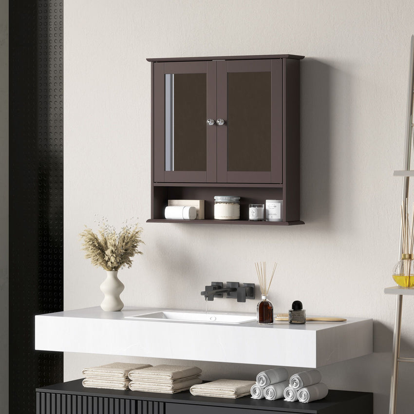 Medicine Cabinet, Wall-Mounted Bathroom Mirror Cabinet with Double Doors, Open Shelf, and Adjustable Shelf, Modern Bathroom Wall Cabinet, Dark Brown