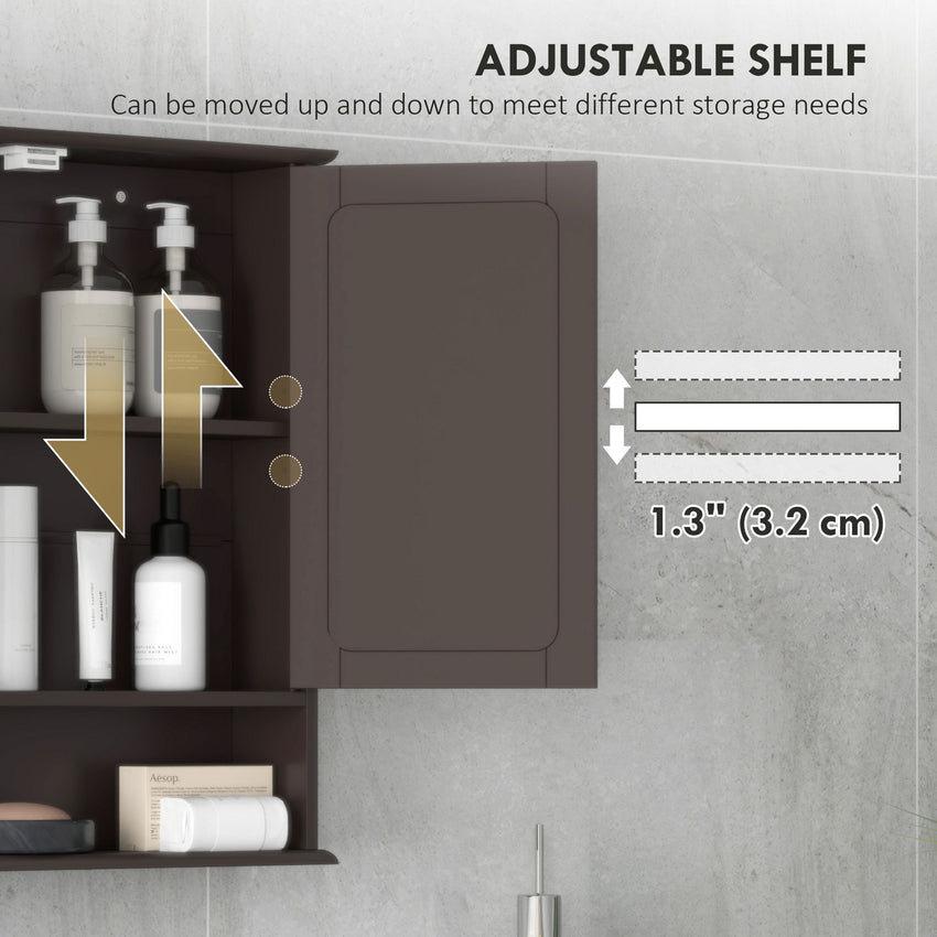 Medicine Cabinet, Wall-Mounted Bathroom Mirror Cabinet with Double Doors, Open Shelf, and Adjustable Shelf, Modern Bathroom Wall Cabinet, Dark Brown