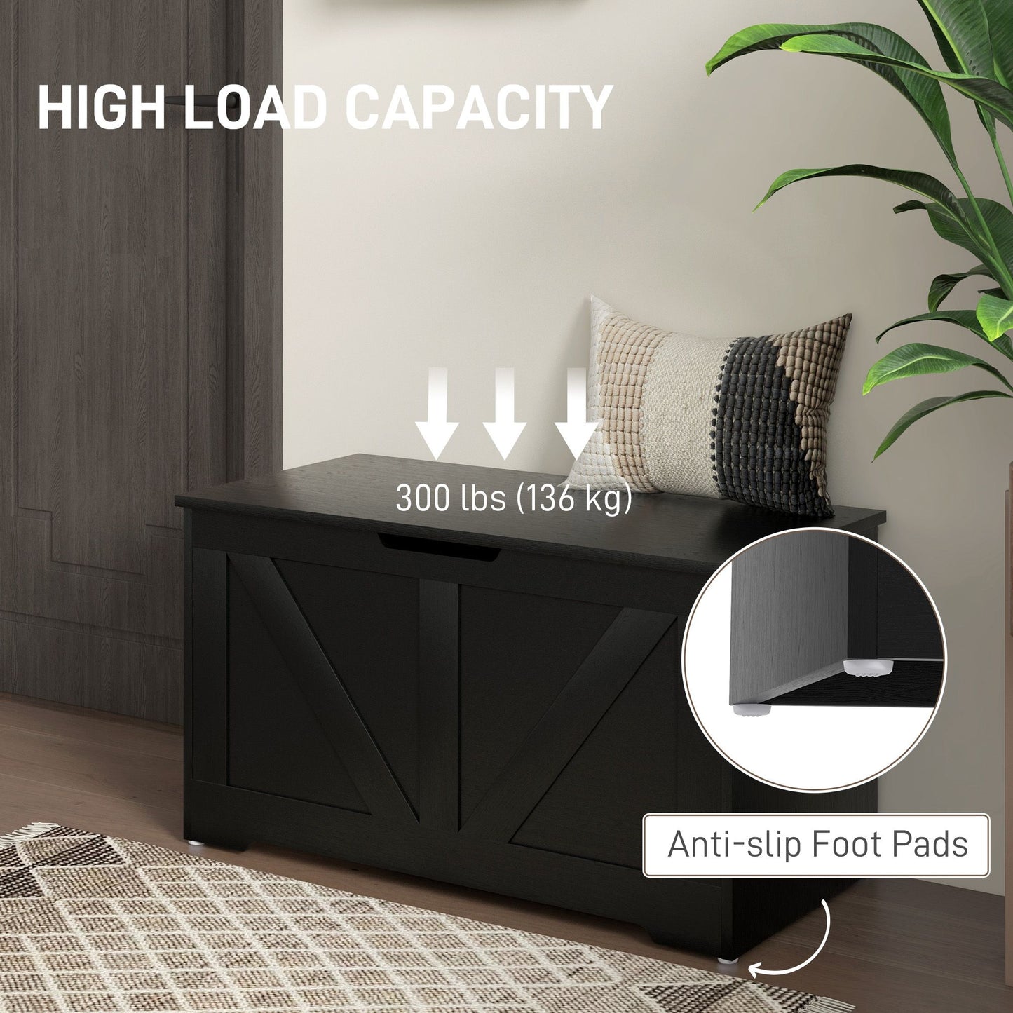 31.5 Inches Storage Chest, Storage Trunk with 2 Safety Hinges, Wooden Box for Living Room, Black Wood Grain