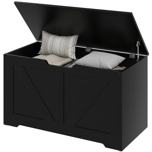 31.5 Inches Storage Chest, Storage Trunk with 2 Safety Hinges, Wooden Box for Living Room, Black Wood Grain